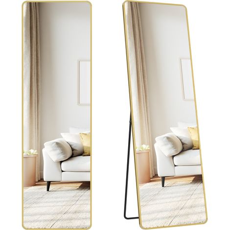 Grand Miroir sur Pied, avec Miroir Grossissant, Verre Trempé, Rectangulaire, Coins Arrondis, 150 x 40 cm, Doré (1/5)