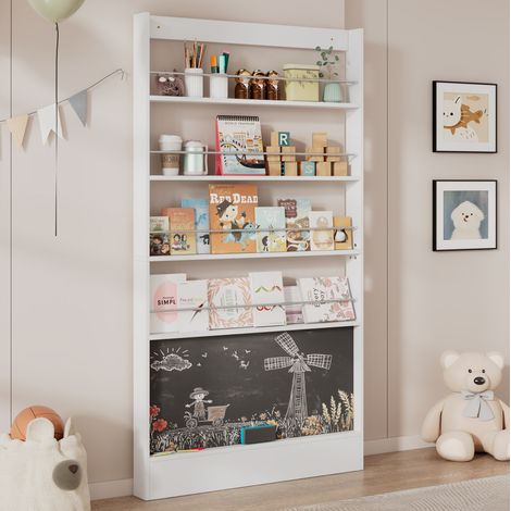 MEUBLIV Bibliothèque étroite 100x10x180 cm blanc – 4 niveaux avec tableau noir (1/5)