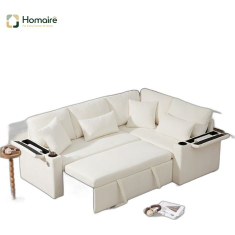 Canapé en velours beige avec couchage coulissant, rangement, accoudoirs et port USB 206,5 x 141 x 86 cm HOMAIRE (1/5)