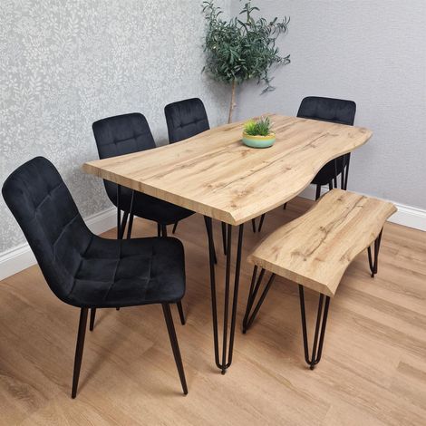 Wooden Dining Table with Bench and 4 Black Velvet Chairs - Stylish Dining Room Furniture