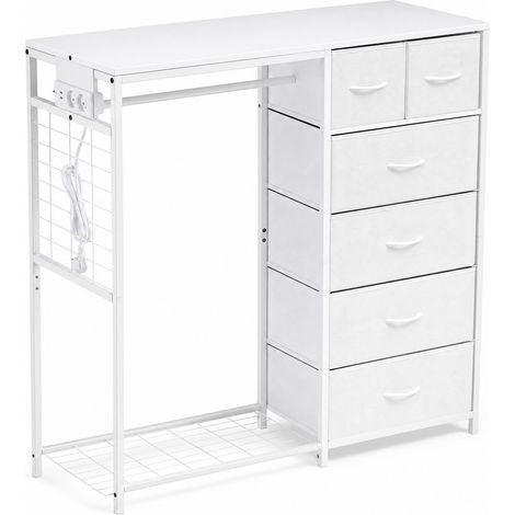 CHICFURN Armario infantil multifuncional con 6 cajones de tela, barra para colgar, enchufe integrado, zapatero y estantería, blanco, MDF y metal, para dormitorio (1/5)