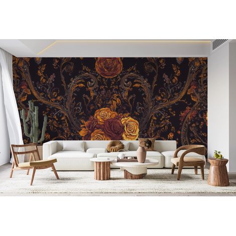 Papier peint baroque - fleurs dorées sur fond noir - 150 x 250 cm (1/2)