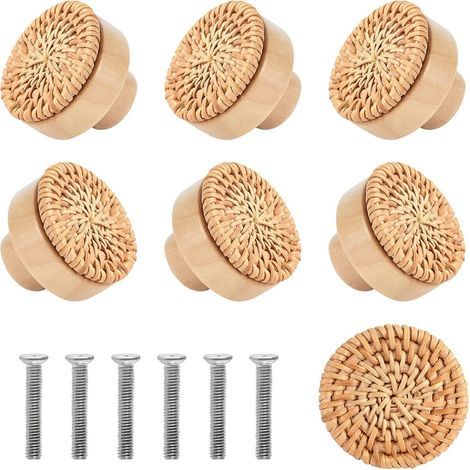 8 Pièces Bouton Cuisine de Placard En Rotin PoignéE de Meuble Cuisine Boutons de Porte Meuble Tiroir Placard, Tiroir Enbois Ronds Pour Cusine Chambre Commode Placard Porte Remplacement,40mm (1/5)