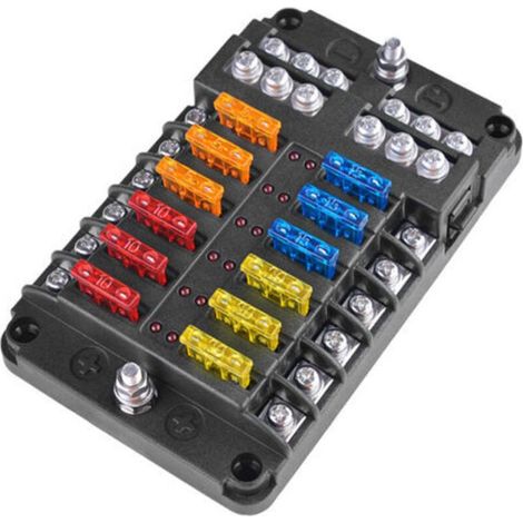 Sicherungskasten mit LED-Anzeige, feuchtigkeitsbeständiger Abdeckung – 12 Stromkreise mit Minuspol, Schraubhalterung für PKW, Boot, Wohnmobil, LKW, Sicherungen im Lieferumfang enthalten (1/5)