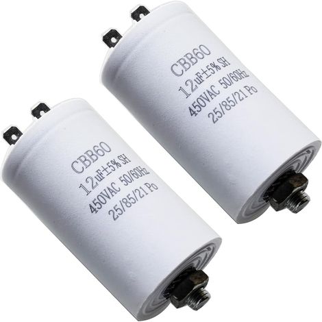 2 Pièces Condensateur Demarrage Moteur 12uF 450V CBB60 Condensateurs de Démarrage 12uF 450 Volt Capacitor, Convient aux Pompes,Machines à Laver et Autres Appareils électriques (1/5)