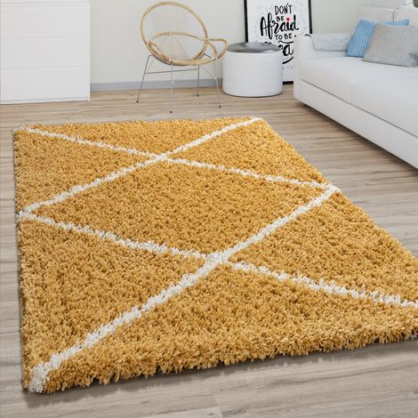 Paco Home Hochflor Teppich Wohnzimmer Shaggy Skandinavisches Rauten Muster, Modern In Gelb 80x150 cm