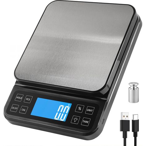 Balance de cuisine grande taille, précision de 0,1 g, balance de boulangerie de 5 kg fonction pourcentage, rechargeable par USB, écran LCD à angle complet avec rétroéclairage, Noir et Argent