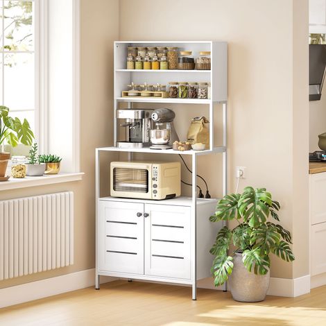 Étagere cuisine meuble micro-onde avec multiprise double porte à persiennes compartiments ouverts 80x42x171cm - blanc