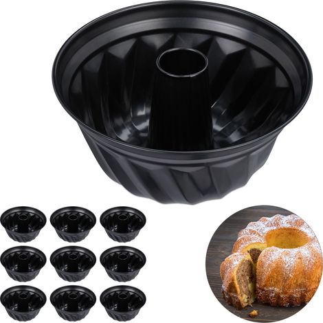 Relaxdays Set of 10 Gugelhupf Cake Tins, Marble & Pound Cake, Nonstick Coating, Ø 25 cm, Carbon Steel, Round Pan, Black