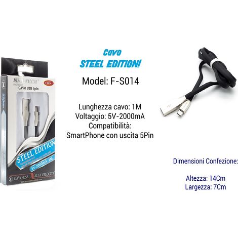 MaxTech - Cavo Steel Edition Per Smartphone Uscita 5pin 5volt - 2000ma 1,00mt Maxtech F-s014 - (1/3)