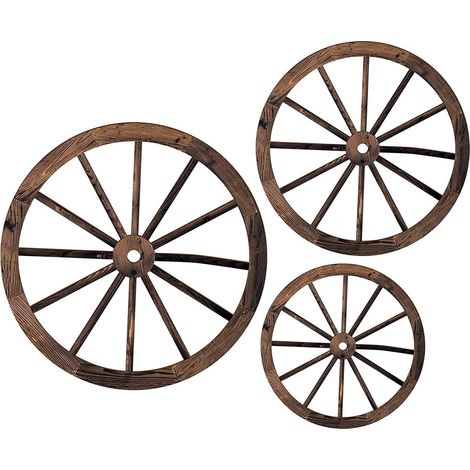 Roue De Wagon En Bois - Décor Murale Rustique Fermière - Style Vintage Occidental - Dimensions 30/25/20 cm - Lot De 3 Pièces Avec Cordon De Suspension (1/5)