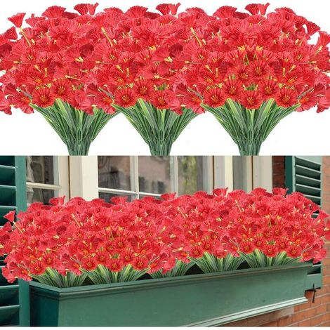 Fleurs artificielles, 12 paquets de fleurs artificielles résistantes aux UV, pas de décoloration, faux buissons en plastique, décorations de jardinière pour porche de jardin (rouge foncé) (1/5)