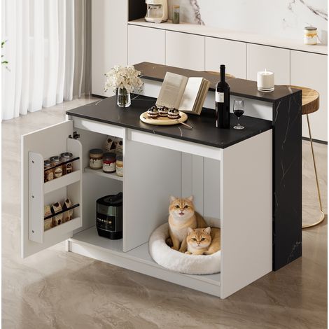 Isola da cucina con bar, spazio per animali, 120 x 80 x 100 cm, bianco nero DESVIAE (1/4)
