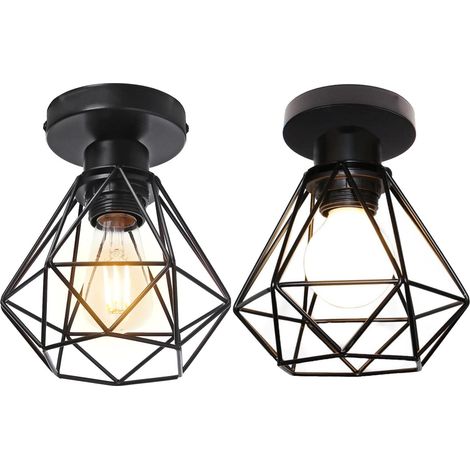 Plafonnier industrielle vintage design rétro cage en métal fer forge, Suspension luminaire E27 lampe de plafond diamant Ø16cm (2pcs Noir) (1/5)