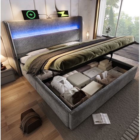 Cama con almacenaje 140x200 con colchón incluido, cabecero alto con LED, USB y Type-C, gris HAVRYA (1/5)
