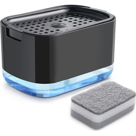Distributeur de Savon avec Porte-Éponge, Distributeur de Liquide Vaisselle 2 en 1 à Pression, Rechargeable, Noir (1/4)