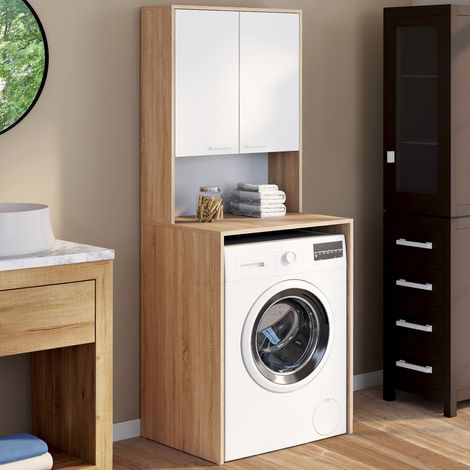 Mueble superior para lavadora WALLIS con armario de madera de haya y blanco