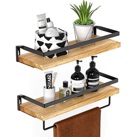 Set of 2 wall shelves in paulownia wood – Length 42 cm – Moisture and moth resistant – Removable towel rail included (1/5)