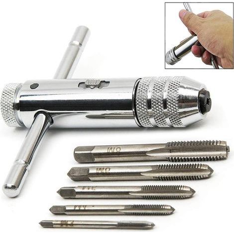 Porte-taraud à cliquet en T réglable avec 5 tarauds HSS M3-M8, clé à tarauder manuelle pour filetage (1/5)