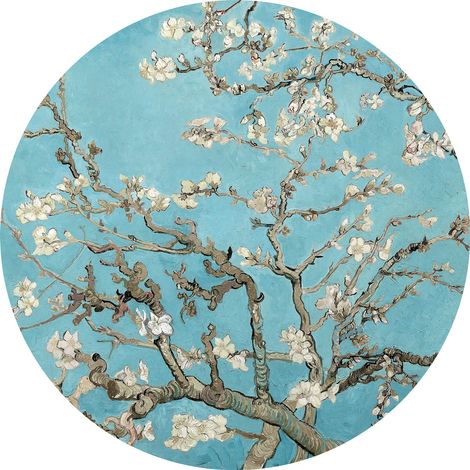 Papier peint panoramique floral fleur d'amandier | Tapisserie panoramique bleu turquoise brun et blanc | Papier peint panoramique salon effet bois - 140 x 140 cm (3 pièces) (1/2)