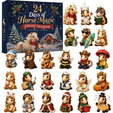 Pferde-Adventskalender 2026 – 24 flache 2D-Acryl-Dekorationsfiguren mit niedlichen, festlich geschmückten Pferden – Weihnachtskalender – festliches Geschenk für Pferdeliebhaber (1/5)