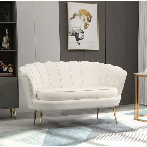 Canapé 2 places vintage en tissu aspect velours crème, structure acier galvanisé et pieds réglables, 130 cm, salon bureau chambre  CHICFURN (1/5)