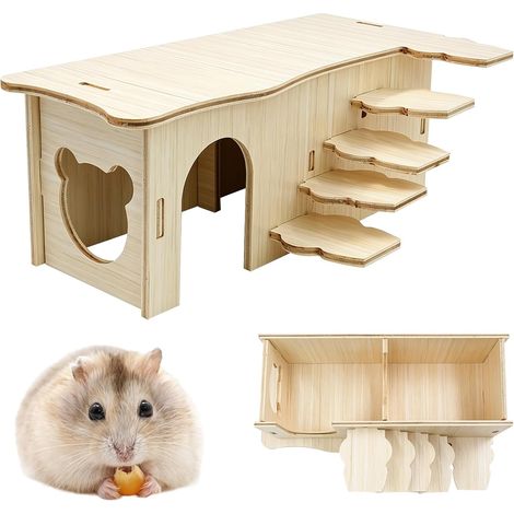 Maison pour Hamster en Bois, Abri pour Petit Animal avec Toit Plateforme Entrée Latérale et Marches, Cachette pour Cochons d’Inde Petits Gerbilles Animaux Nains