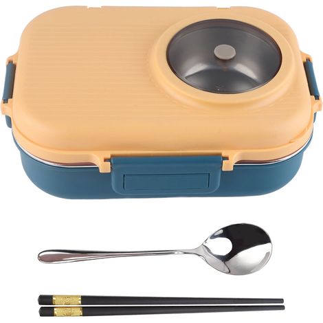 Boîte-repas isotherme 1100ml 3 compartiments acier inoxydable 304 avec couverts bleu jaune (1/5)