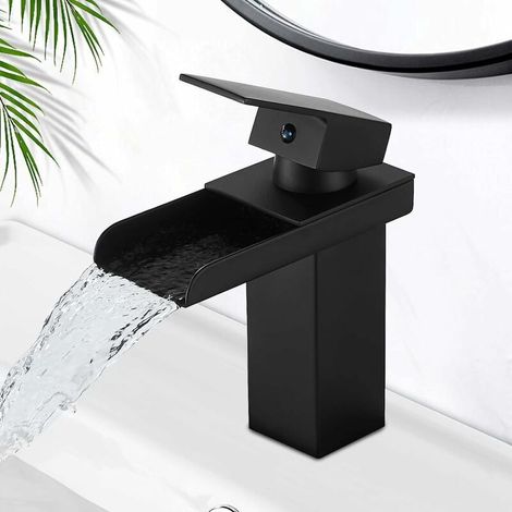 Grifo de baño cascada negro mate, agua caliente y fría, válvula de cerámica, grifo de baño con diseño de cascada cóncava, G 3/8 (1/5)
