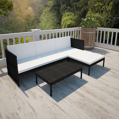 vidaXL Set Divani da Giardino 3 pz con Cuscini in Polyrattan Nero (1/5)