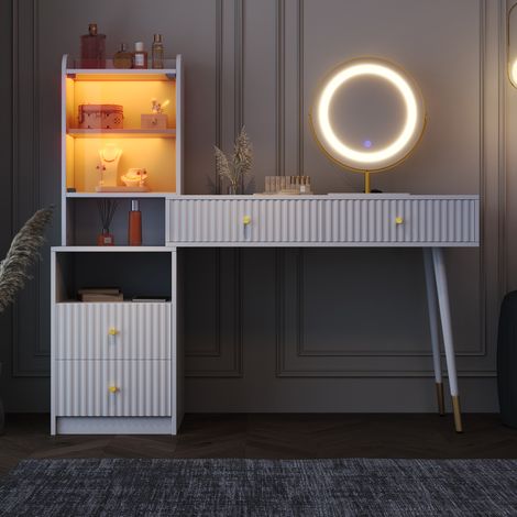 Coiffeuse en panneau de particules blanc avec miroir LED, 4 tiroirs et vitrine lumineuse (1/5)