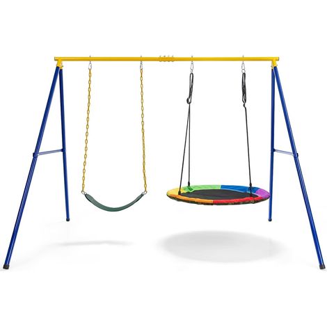 COSTWAY Juego Columpio Jardin Exterior de Acero, Columpios Infantiles Exterior, hasta 300 kg, Cuerdas Ajustables, 249x185x181,5 cm