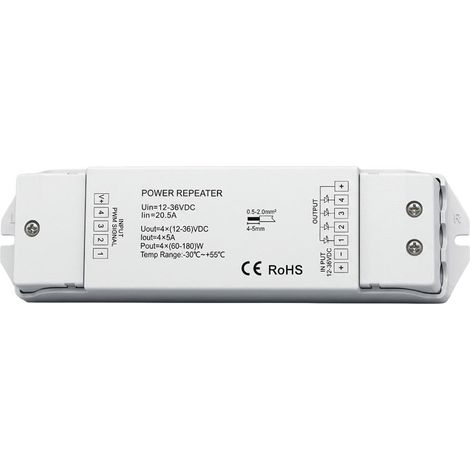 HeySmart Amplificateur de signal RGBW 4 canaux pour rubans LED, 12-36V DC, 6A par canal, répéteur LED RGBW et mono couleur, connexion à bornes, montage mural (1/4)