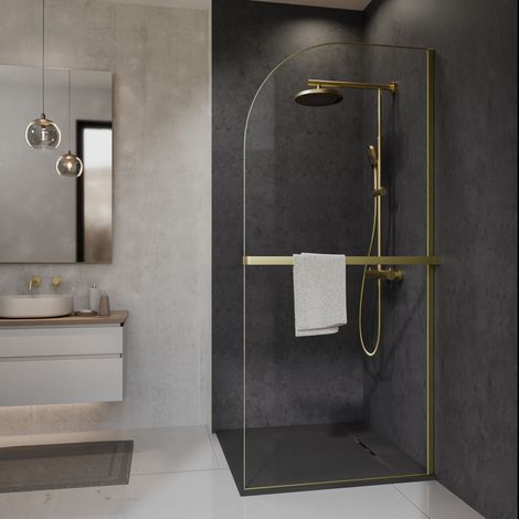 Schulte paroi de douche à l'italienne, 90x200 cm, paroi de douche fixe arrondie, Walk In réversible, verre transparent 6 mm, porte-serviettes, or