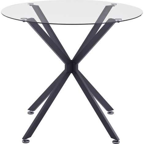 Table à manger ronde 80 cm en verre trempé noir avec pieds métalliques stables (1/5)