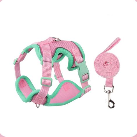 Conjunto de arnés y correa para gatos, chaleco reflectante antiescape, malla transpirable ajustable, correa de 1,5 m (verde y rosa, M)
