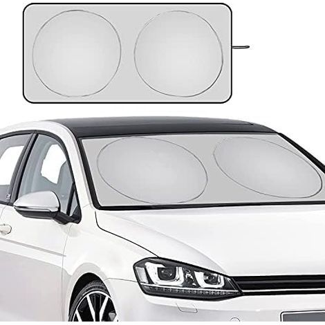 Sonnenschutzblende für die Windschutzscheibe, Sonnenschutz für Sicherheitsgurte, blockiert UV-Strahlen, für Autos aller Größen, leicht zusammenfaltbar und zu verstauen, 150 x 70 cm, silberfarben (1/5)
