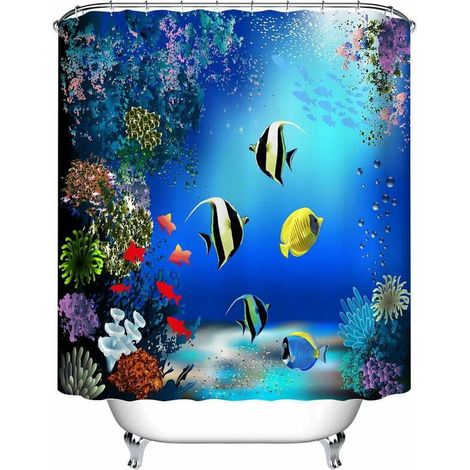 Rideau de douche ������ motif p������che, imperm������able et anti-moisissure en polyester, bleu avec crochets, 150 x 180 cm, corail (1/5)