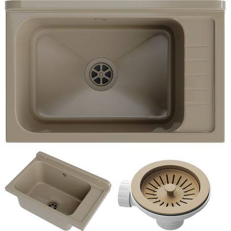 Granitan – Évier utilitaire beige en polypropylène 58x38cm – 1 cuve avec 2 préperforations – Installation facile pour garage et buanderie