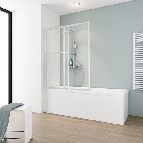 Schulte – Pare-baignoire coulissant et pliant 70-120 cm x 140 cm – Verre transparent 3 mm – Profilé blanc – 2 volets extensibles – Montage mural réversible