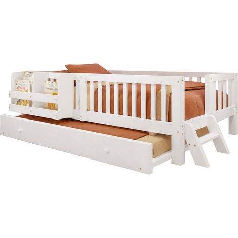 CHICFURN Cama infantil 90x200 con cama nido, barrera de protección, escalera reversible y estantería, madera blanca, estilo nórdico para dormitorio (1/5)