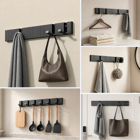 doporro Garderobenhaken Wand Moderne，Wandgarderoben aus Aluminium Garderobenleiste klappbar kleiderhaken mit 4 Beweglichen Haken，wandhaken Schwarz