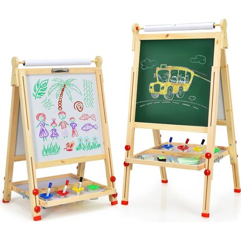 GOPLUS Chevalet 3 en 1 en Bois de Pin avec Hauteur Reglable, Tableau en Double Face avec Patins Antiderapants, Chevalet avec Accessoires Abondants et Structure Solide, pour Enfants de 3+Ans (1/5)