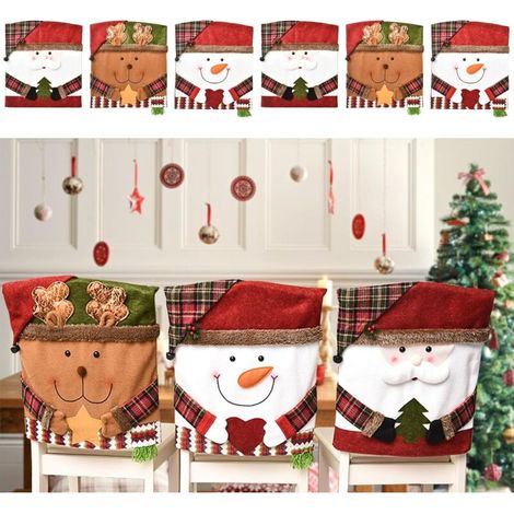 Christmas Chair Back Covers, Set of 6 Christmas Chair Back Covers for Dining Room, Santa Claus Snowman Reindeer Christmas Dinner Chair Covers for Kitchen Holiday Party Home Decor (1/5)