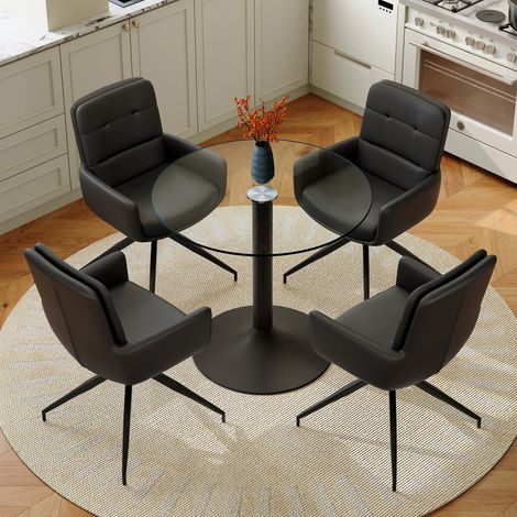 Conjunto 1 Mesa y 4 Sillas de Comedor, en Vidrio Templado y PU, Negro (1/5)