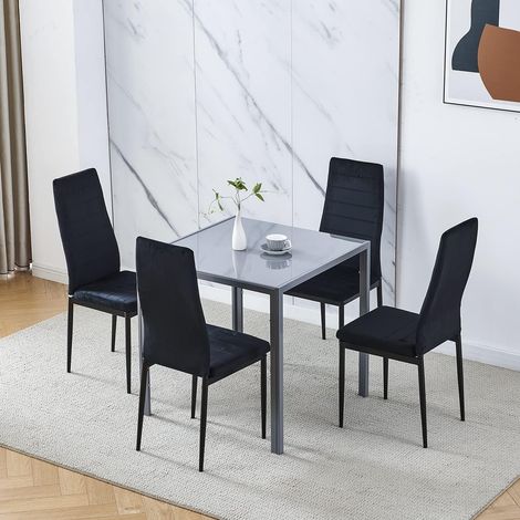 Dining Room Set, Grey Glass Dining Table with Chairs, 75x75 cm Square Glass Table and Chairs for Small Room (Table with 4 Chairs, Black Flannel)