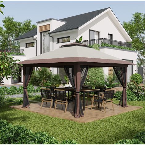 CHICFURN Gazebo pieghevole da giardino 392x392x283 cm in poliestere beige, doppio tetto UV50+ (1/5)