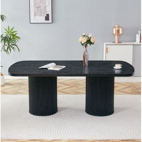 Tavolo da pranzo ovale 180x90x76 cm, doppio piedistallo scanalato, superficie effetto legno, MDF nero (1/5)