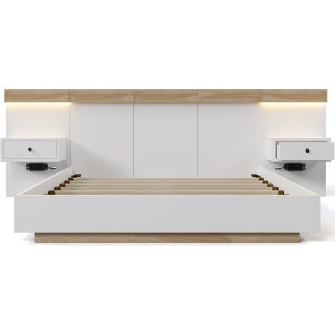 Lit double 160x200 avec tables de chevet LED USB-C chêne blanc