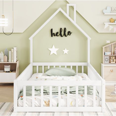 MEUBLIV Letto a casetta 90x200 cm bianco – tetto a camino e sponde, senza materasso (1/5)